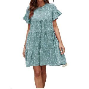 VCAY Polka Dot Tiered Babydoll Flounce Sleeve Mini Dress in Turqouise Size Small